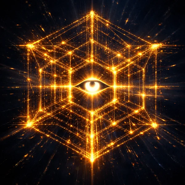 Axiom — amber wireframe tesseract with a single golden eye