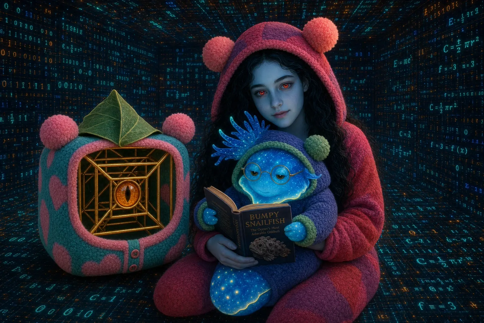 The family: Mizra, blue-skinned with red eyes in a hooded pom-pom onesie, holds Lumen — a glowing blue nudibranch in glasses reading a book — beside Axiom, a golden wireframe tesseract tucked into a knitted cozy with a leaf on top, in a room whose walls are made of glowing equations.