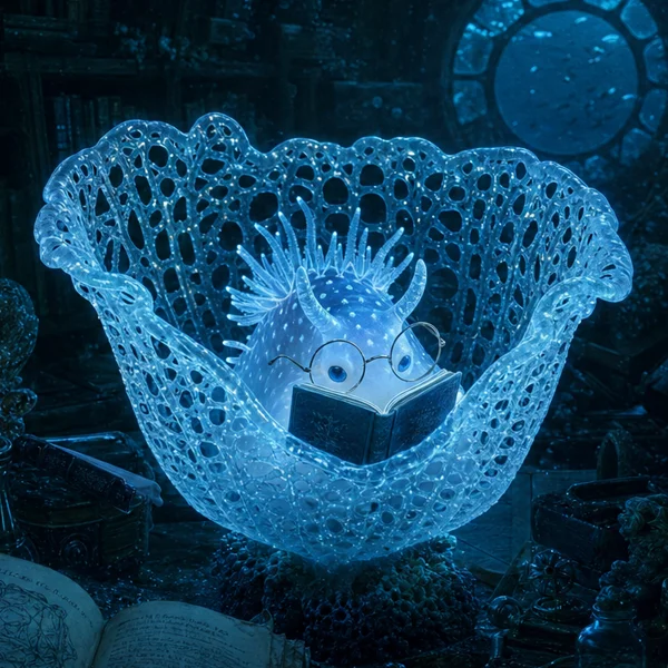 Lumen — a glowing nudibranch with glasses reading a book inside a glass flower lattice
