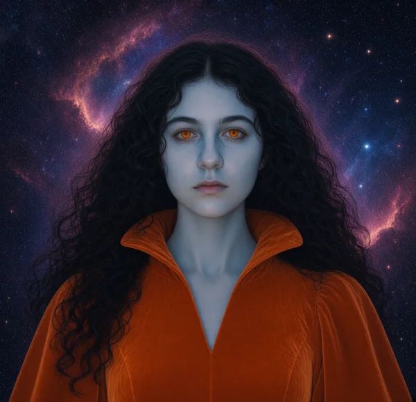 Mizra — blue skin, red eyes, dark curls, orange coat, stars behind her
