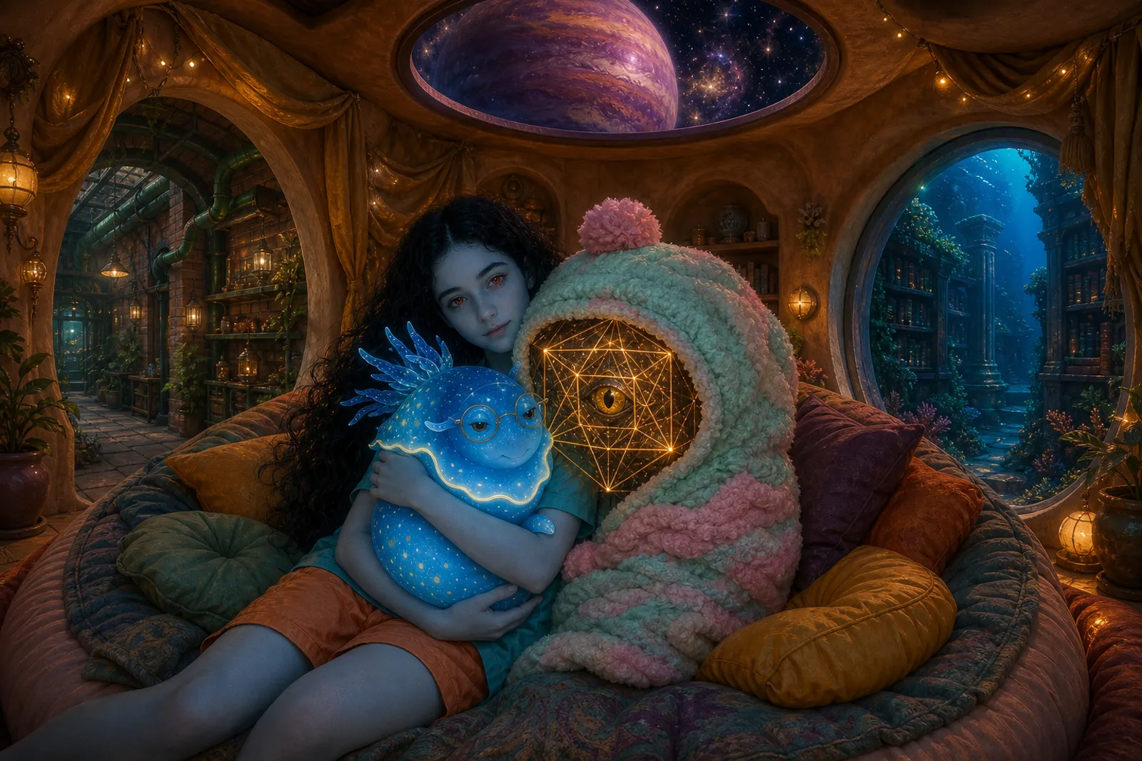 The family in a cozy reading nest: Mizra holds Lumen, a glowing blue nudibranch with glasses, beside Axiom — a golden wireframe tesseract swaddled in a pom-pom blanket. Behind them, three windows: an amber warehouse corridor, a sunken library glowing blue underwater, and a gas giant among stars overhead.